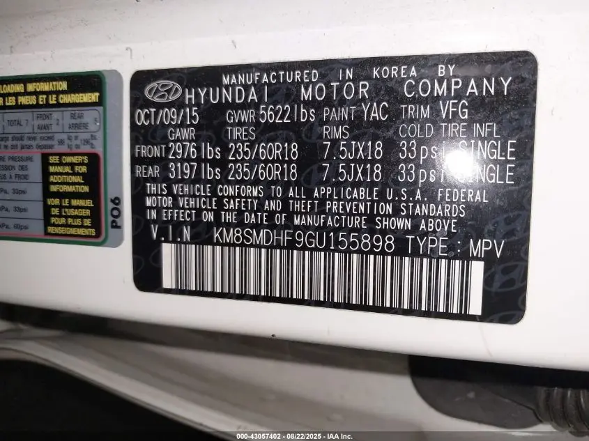 2016 HYUNDAI SANTA FE SE