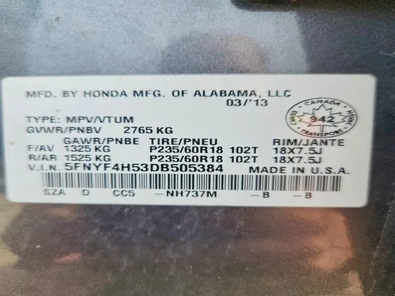 2013 HONDA PILOT EXL  