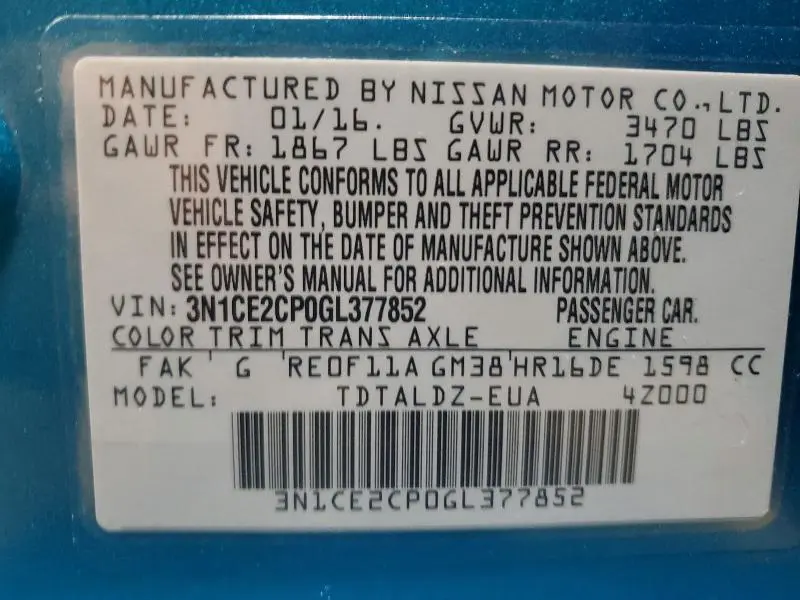 2016 NISSAN VERSA NOTE S  