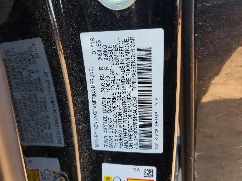 2019 HONDA ACCORD EXL  