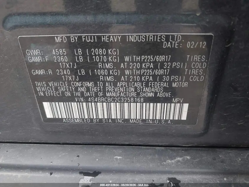 2012 SUBARU OUTBACK 2.5I PREMIUM