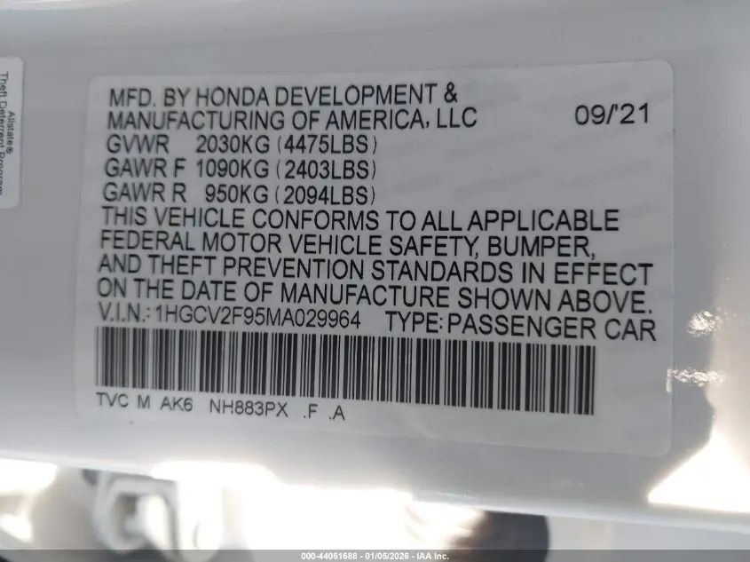 2021 HONDA ACCORD TOURING