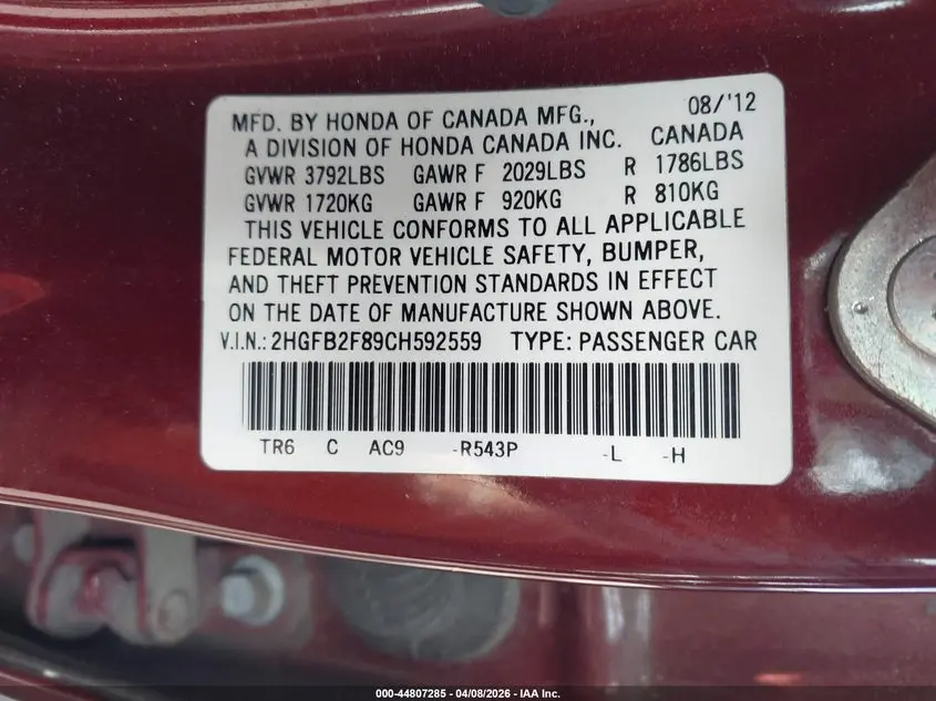 2012 HONDA CIVIC EX