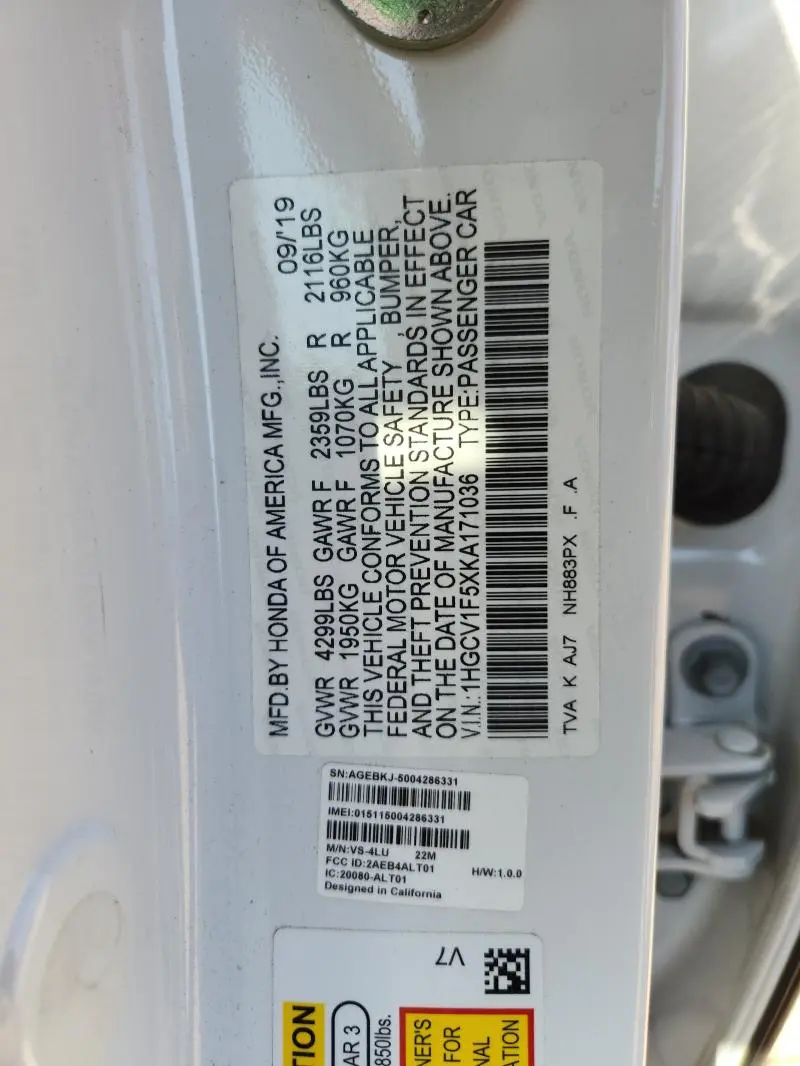 2019 HONDA ACCORD EXL  