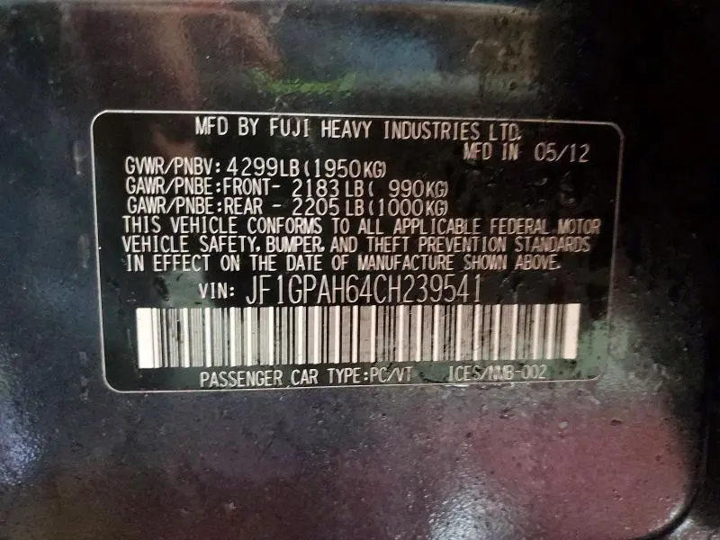 2012 SUBARU IMPREZA LIMITED  