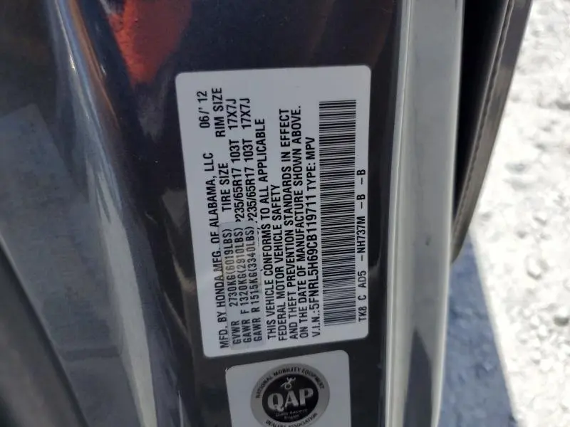 2012 HONDA ODYSSEY EXL  