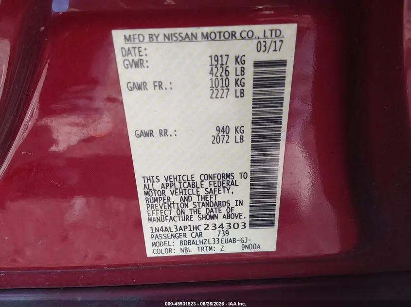 2017 NISSAN ALTIMA 2.5 SR