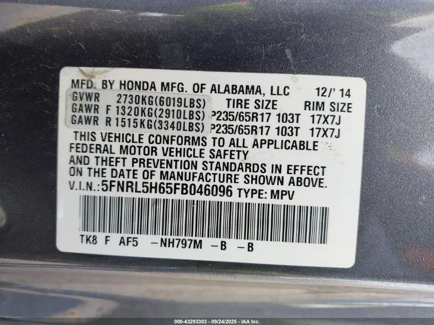 2015 HONDA ODYSSEY EX-L