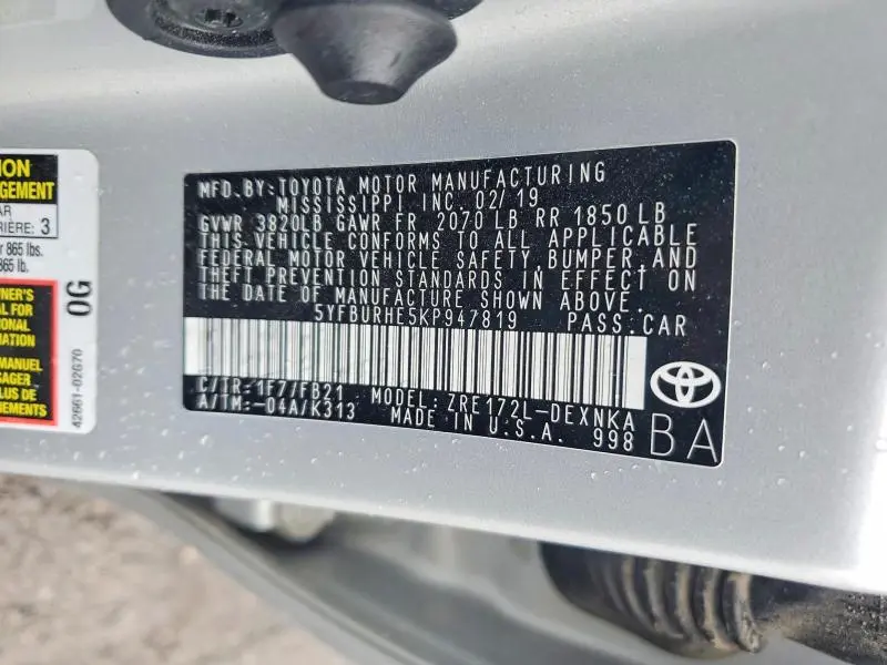 2019 TOYOTA COROLLA LE  