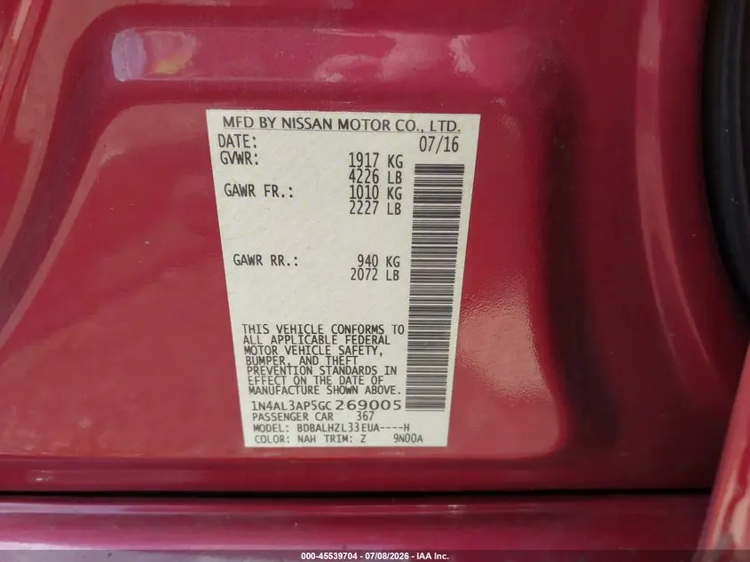 2016 NISSAN ALTIMA 2.5 SR