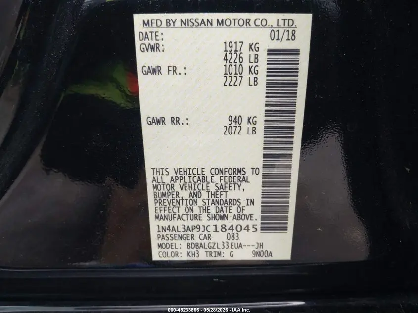 2018 NISSAN ALTIMA 2.5 S