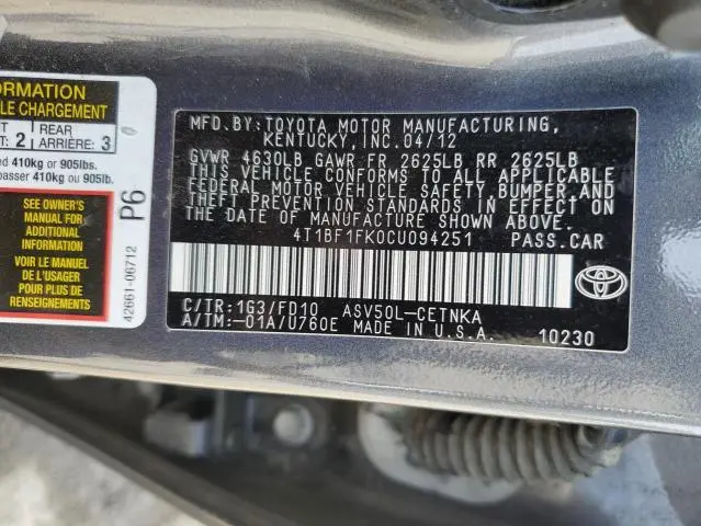 2012 TOYOTA CAMRY BASE  