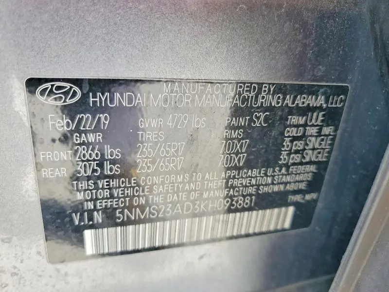 2019 HYUNDAI SANTA FE SE  