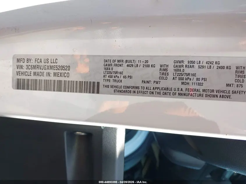 2021 RAM PROMASTER 3500 CARGO VAN HIGH ROOF 159 WB EXT