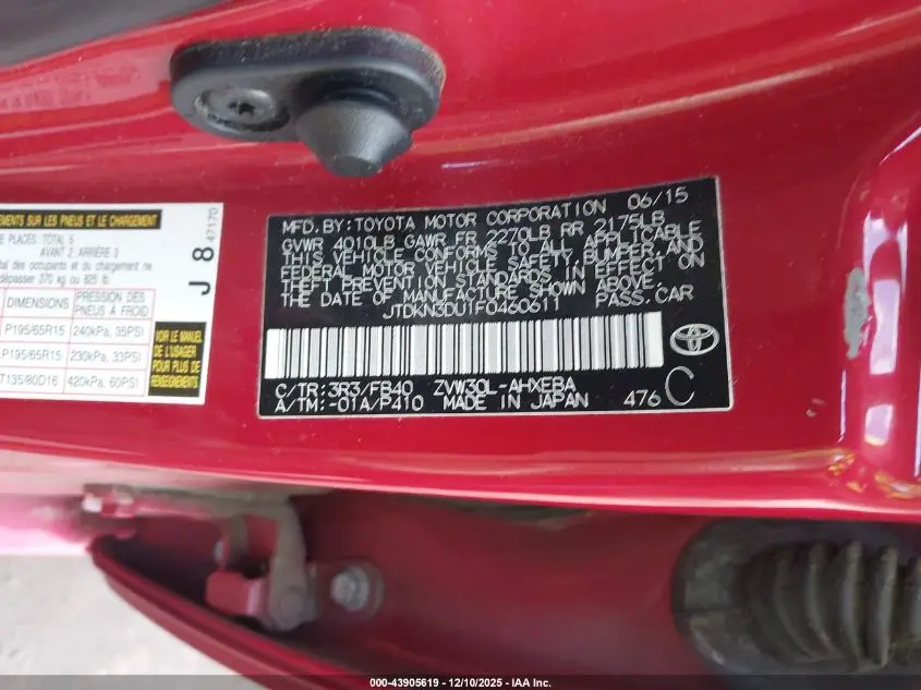 2015 TOYOTA PRIUS TWO