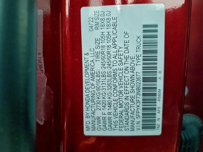 2022 HONDA RIDGELINE RTL  