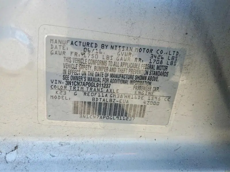 2016 NISSAN VERSA 1.6 SV  