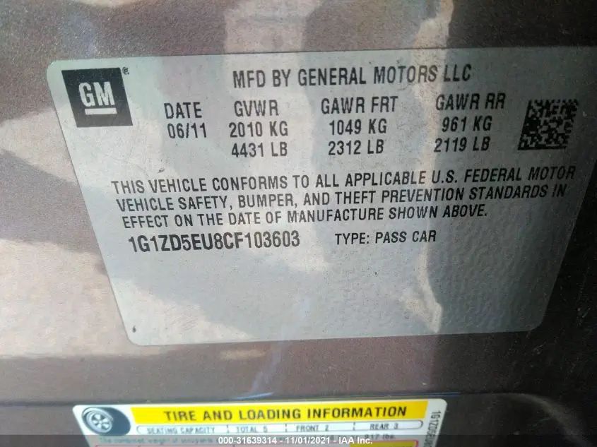 2012 CHEVROLET MALIBU LT W/2LT