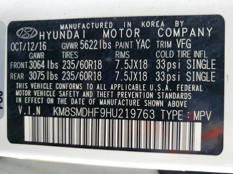 2017 HYUNDAI SANTA FE SE  