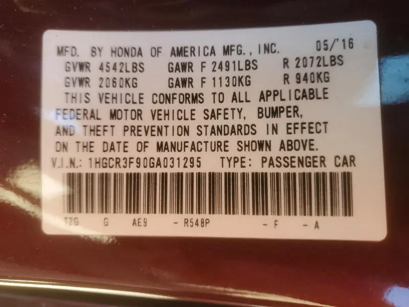 2016 HONDA ACCORD TOURING  