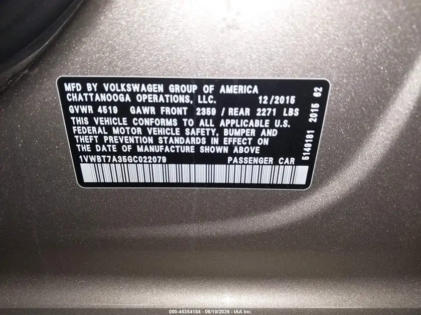 2016 VOLKSWAGEN PASSAT 1.8T SE