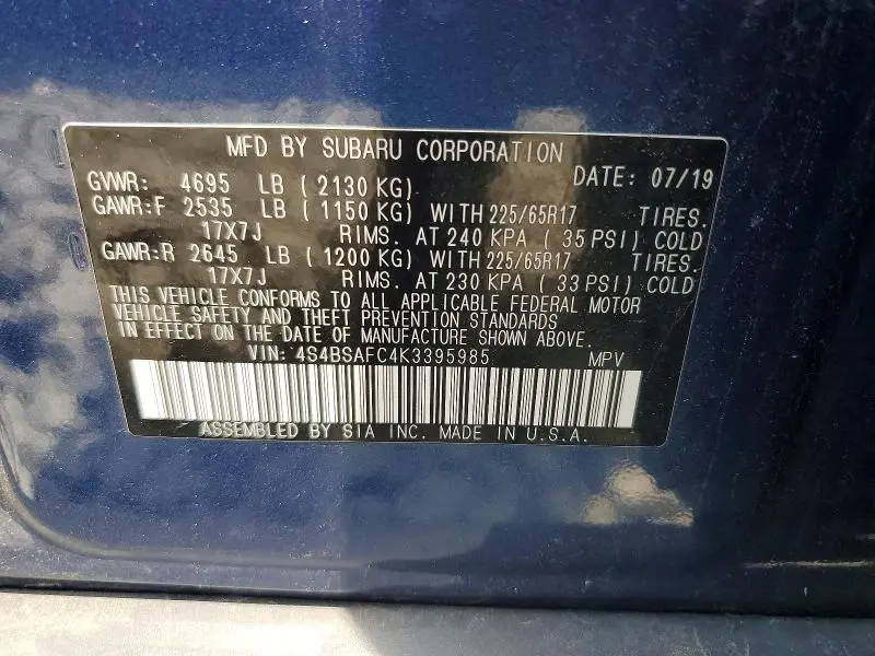 2019 SUBARU OUTBACK 2.5I PREMIUM  
