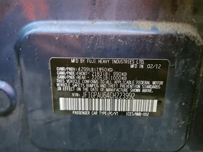 2012 SUBARU IMPREZA SPORT LIMITED  