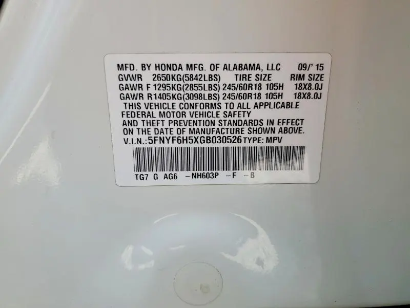 2016 HONDA PILOT EXL  