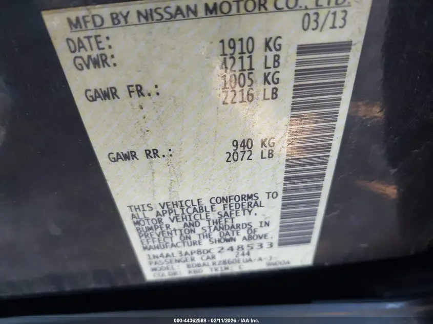 2013 NISSAN ALTIMA 2.5 S