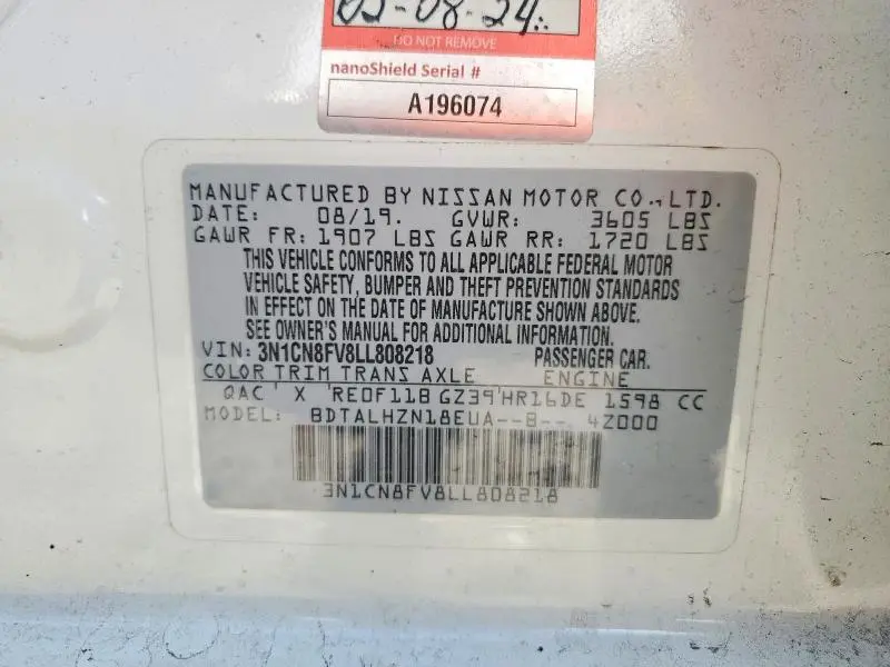 2020 NISSAN VERSA SR  