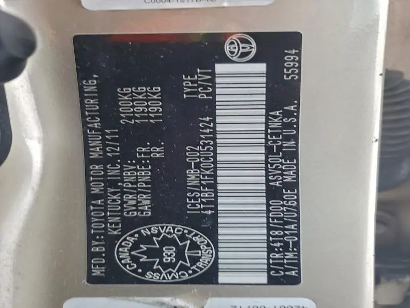 2012 TOYOTA CAMRY BASE  