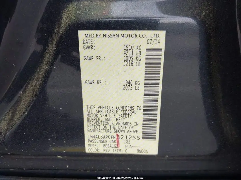 2015 NISSAN ALTIMA 2.5/2.5 S/2.5 SL/2.5 SV