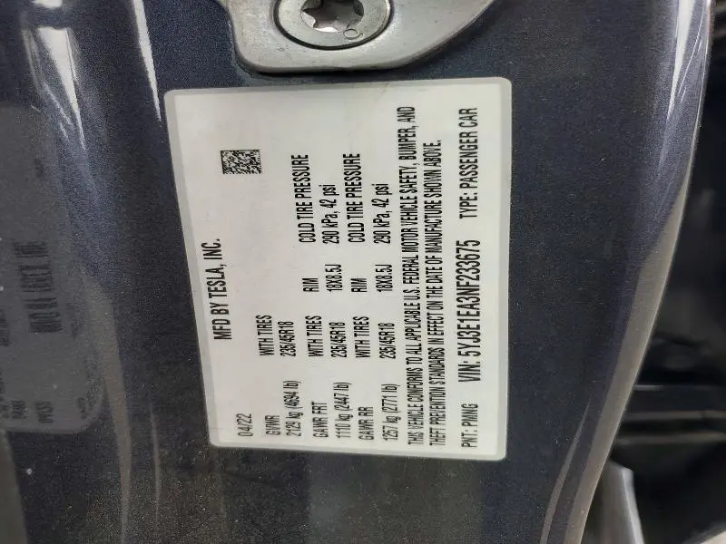 2022 TESLA MODEL 3   