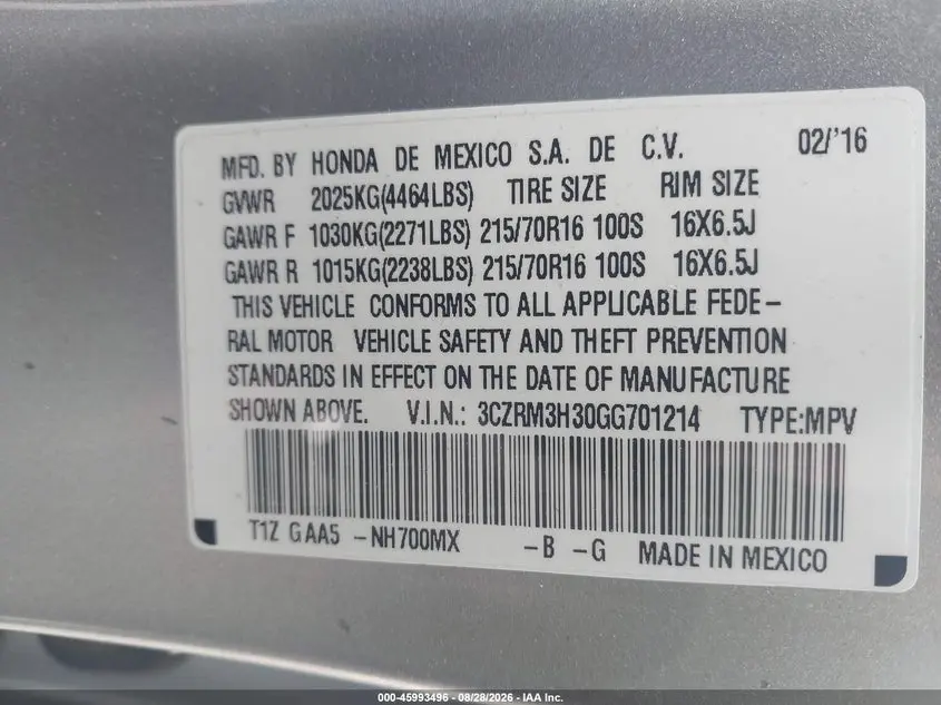 2016 HONDA CR-V LX