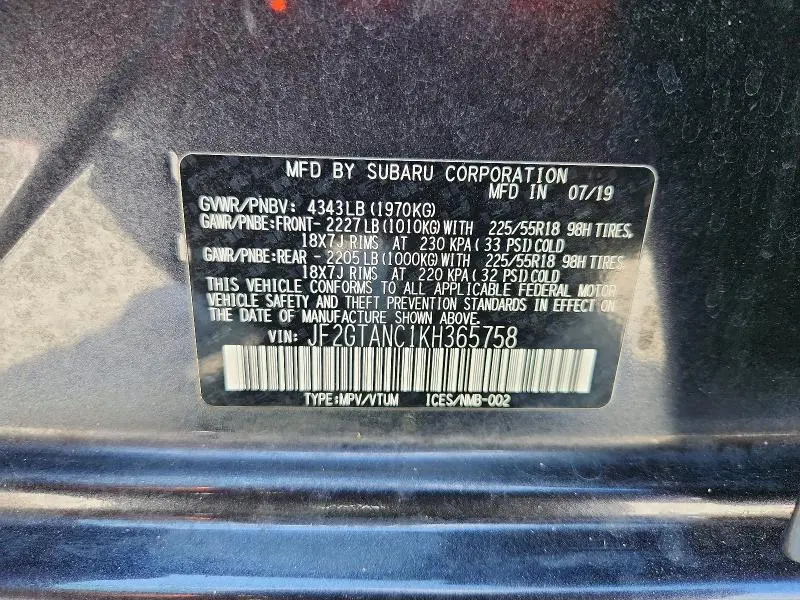 2019 SUBARU CROSSTREK LIMITED  