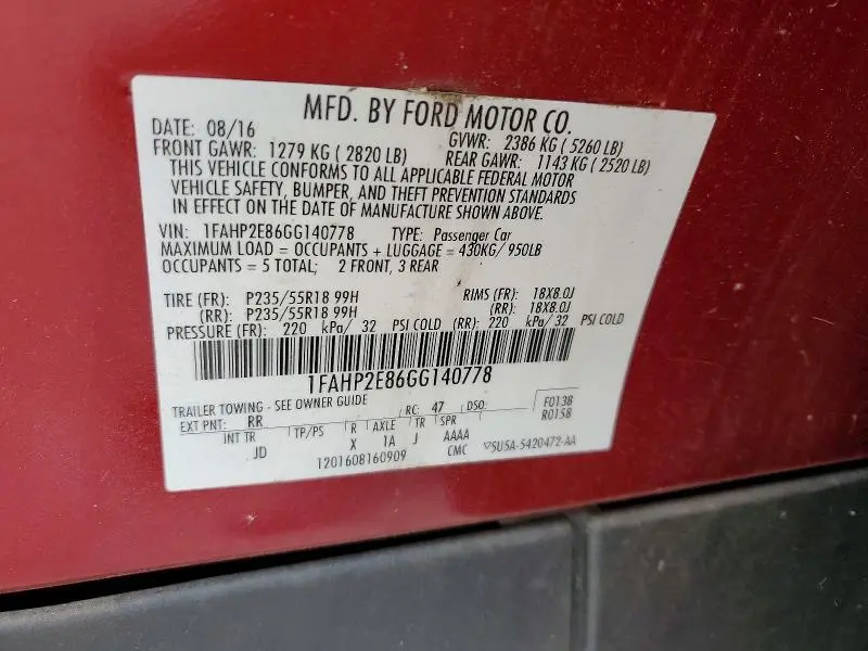 2016 FORD TAURUS SEL  