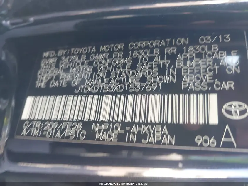 2013 TOYOTA PRIUS C ONE