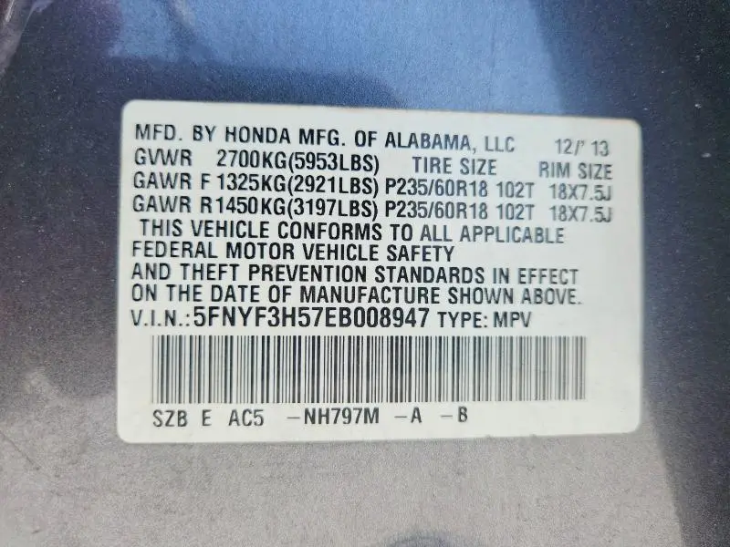2014 HONDA PILOT EXL  