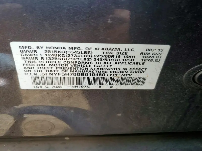 2016 HONDA PILOT EXLN  