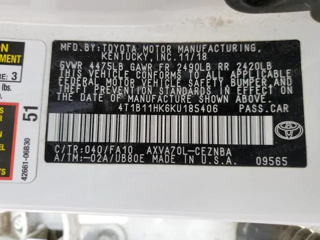 2019 TOYOTA CAMRY L  