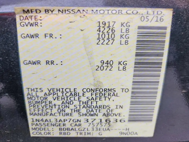 2016 NISSAN ALTIMA 2.5 S  