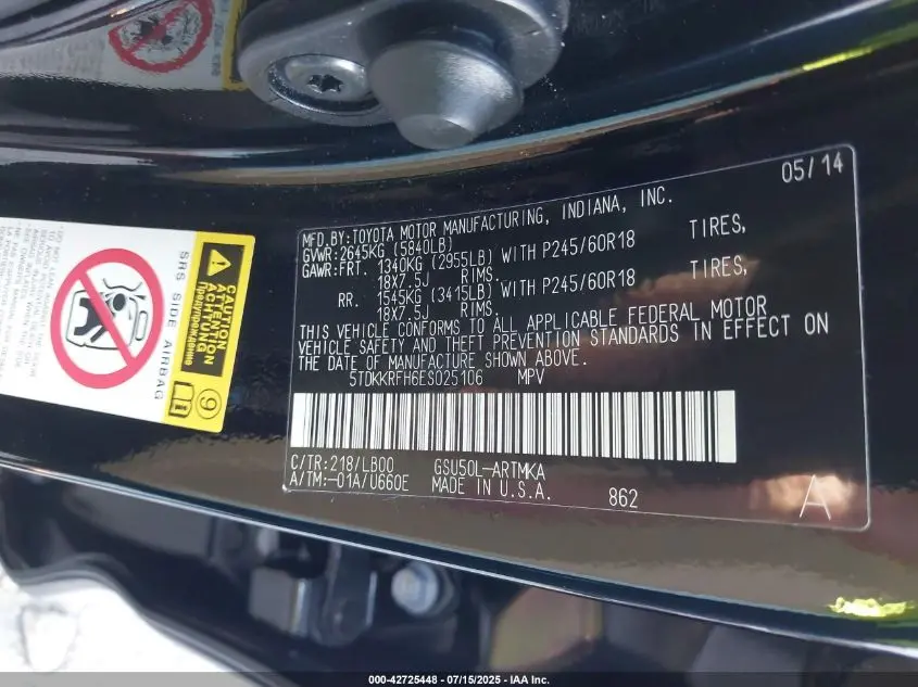 2014 TOYOTA HIGHLANDER XLE V6