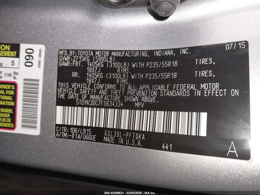 2015 TOYOTA SIENNA LIMITED PREMIUM 7 PASSENGER