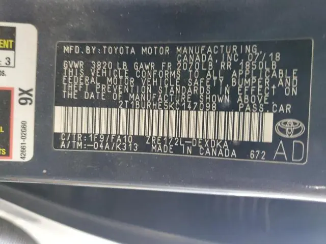 2019 TOYOTA COROLLA L  