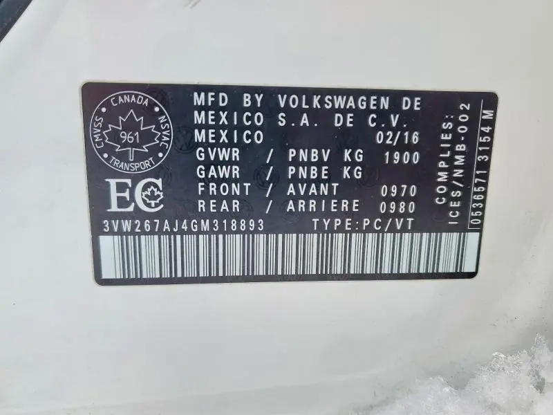 2016 VOLKSWAGEN JETTA S  