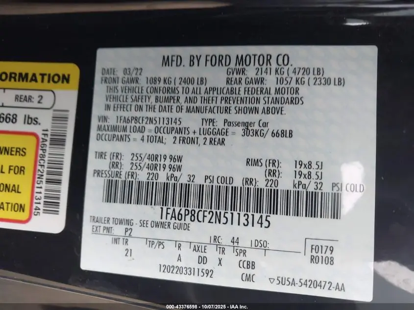 2022 FORD MUSTANG GT FASTBACK