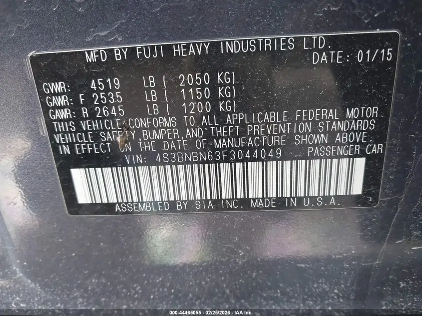2015 SUBARU LEGACY 2.5I LIMITED