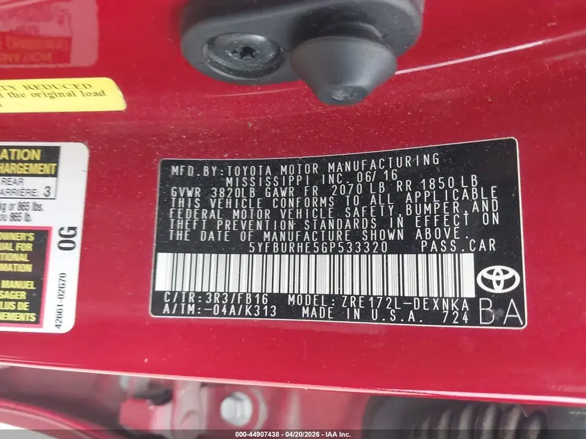 2016 TOYOTA COROLLA LE