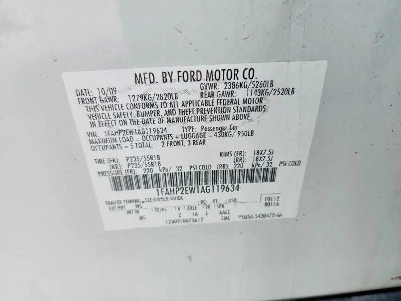 2010 FORD TAURUS SEL  