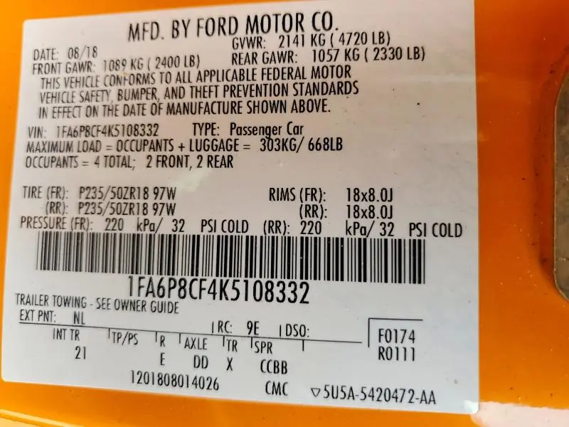 2019 FORD MUSTANG GT  